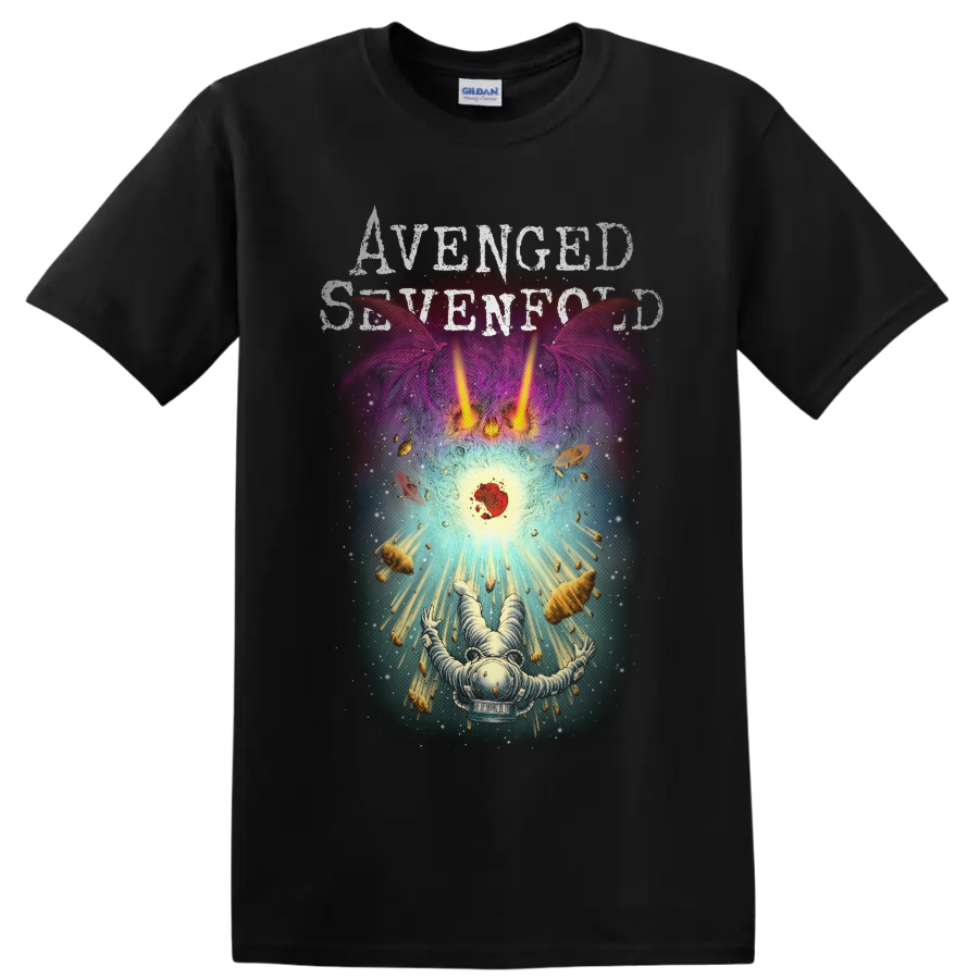 Avenged Sevenfold distressed text above a surreal astronaut cosmic graphic on a Black T Shirt