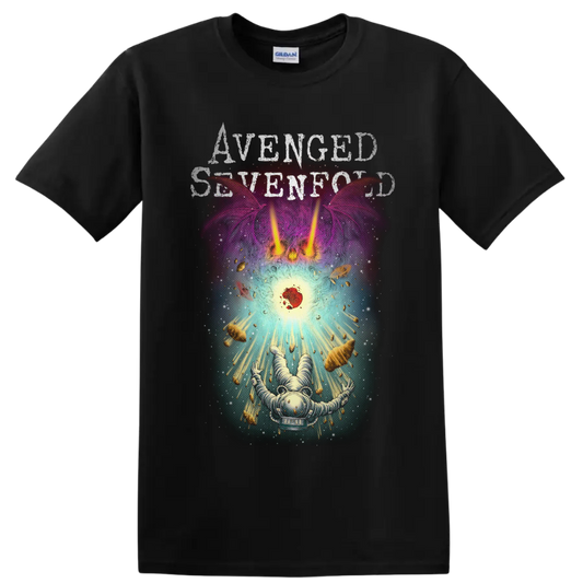 Avenged Sevenfold distressed text above a surreal astronaut cosmic graphic on a Black T Shirt