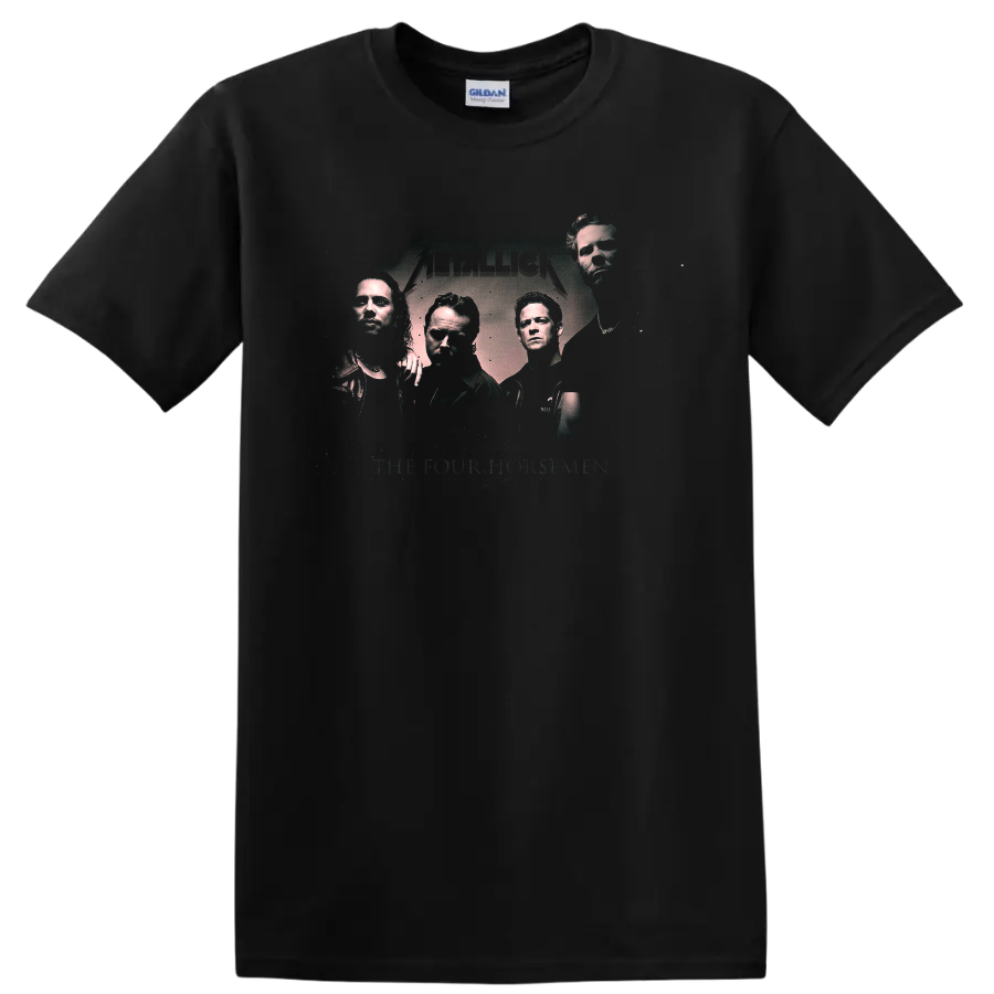 Metallica The Four Horsemen distressed graphic with four band portraits and logo on a Black T Shirt