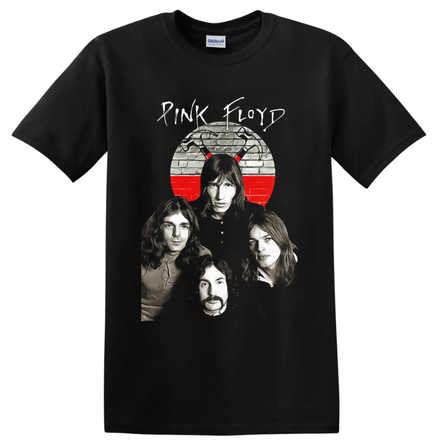 Pink Floyd The Wall band portrait with brick wall circle and red accent on a Black T Shirt