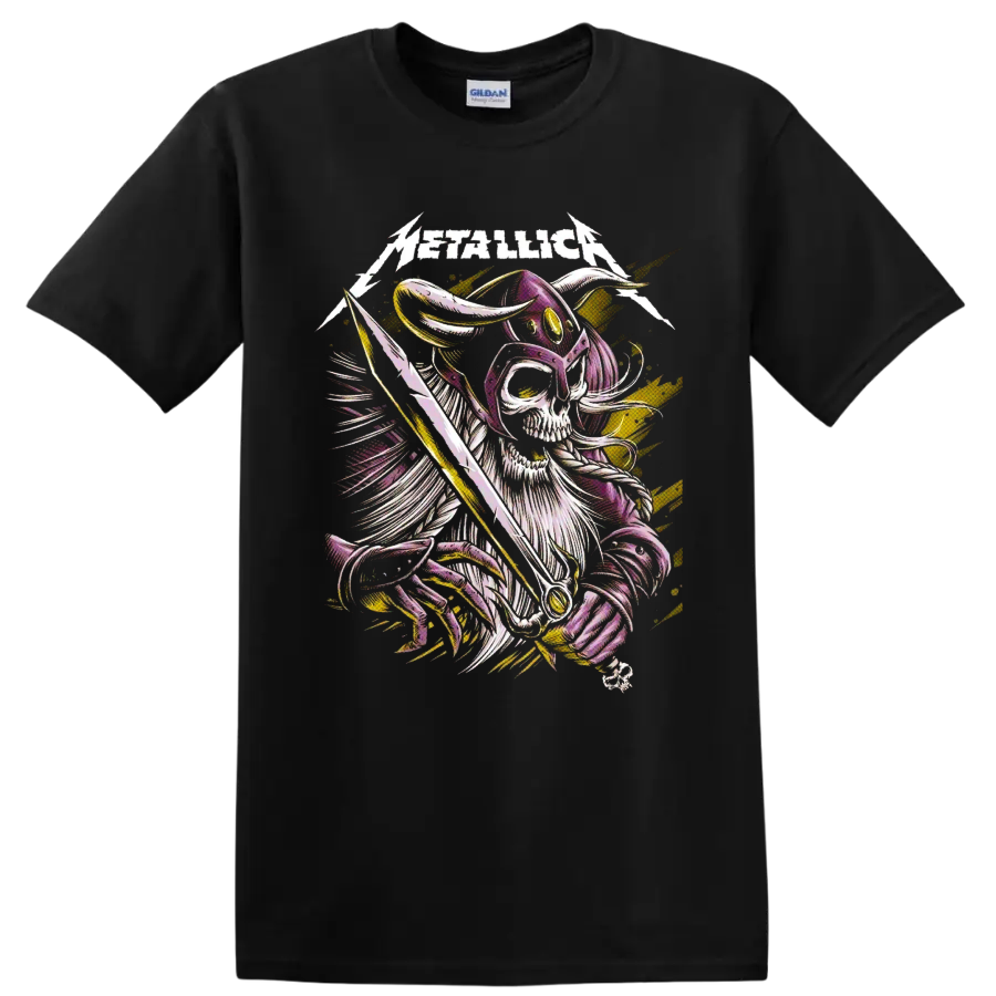 Metallica logo above a horned skeleton warrior with sword and lightning graphic on a Black T Shirt