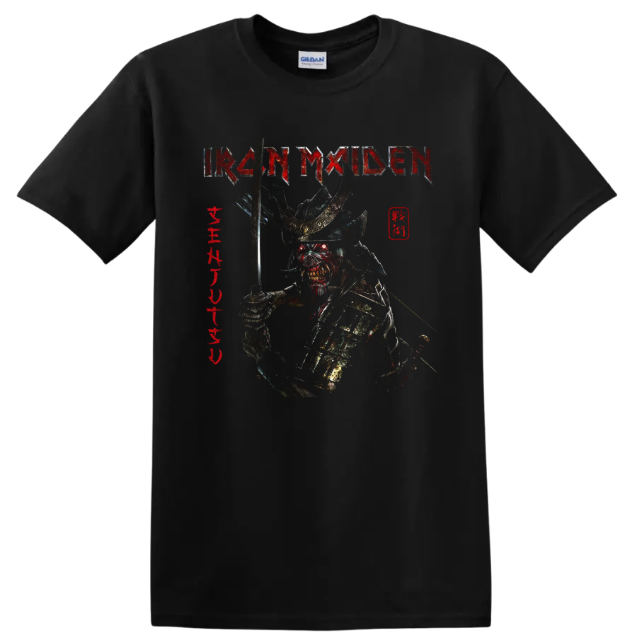 Iron Maiden Senjutsu Eddie armored samurai graphic with sword and distressed band logo on a Black T Shirt