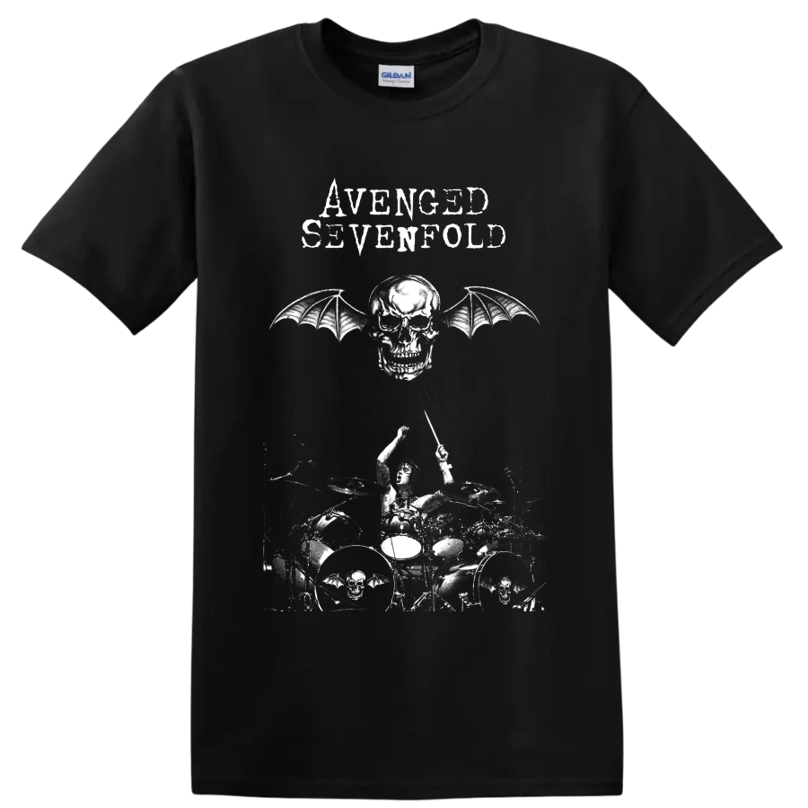 Avenged Sevenfold Deathbat winged skull and live drummer distressed graphic on a Black T Shirt