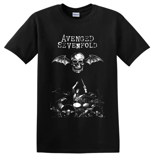 Avenged Sevenfold Deathbat winged skull and live drummer distressed graphic on a Black T Shirt