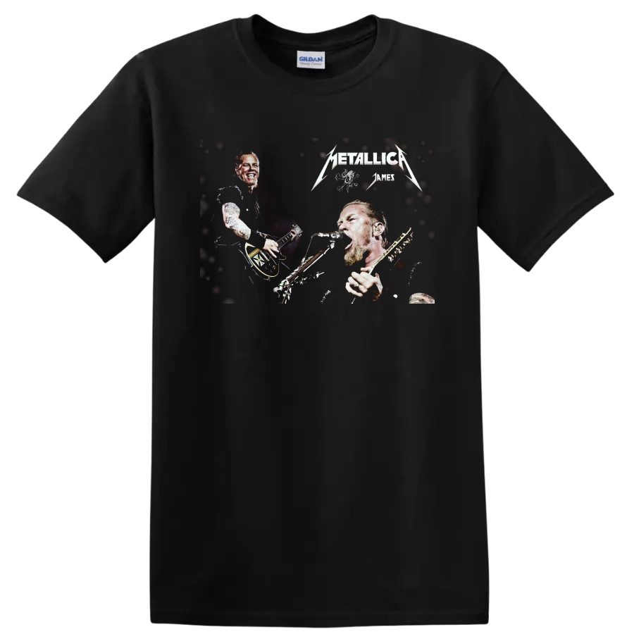 James Hetfield Metallica live-performance graphic with guitar, microphone, and band logos on a Black T Shirt