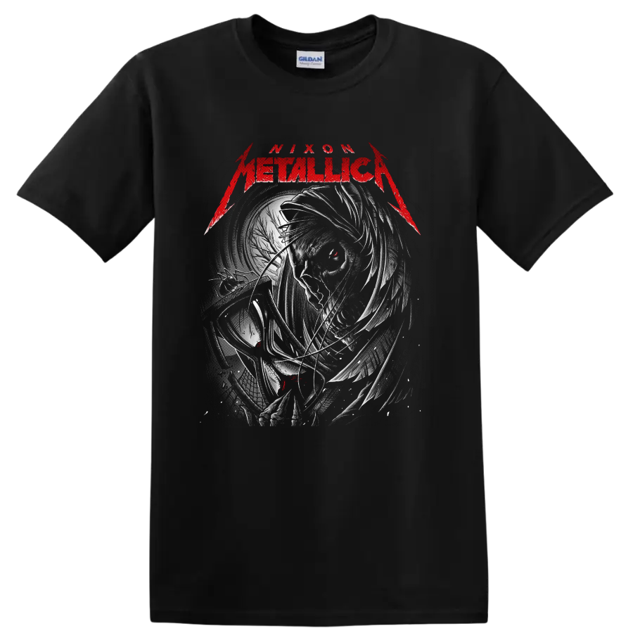 Metallica Nixon Father Time portrait with distressed clockwork art and red accents on a Black T Shirt