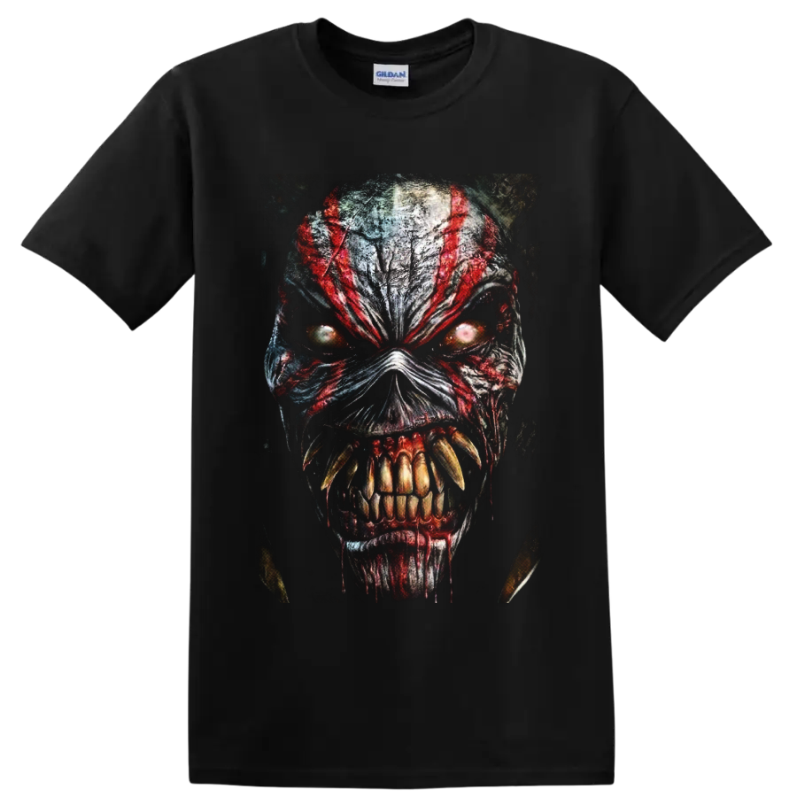 Eddie the Head horror monster portrait graphic with red streaks and glowing eyes on a Black T Shirt