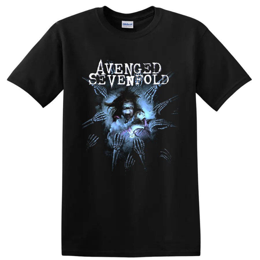 Avenged Sevenfold distressed logo over a haunted figure and reaching skeletal hands on a Black T Shirt