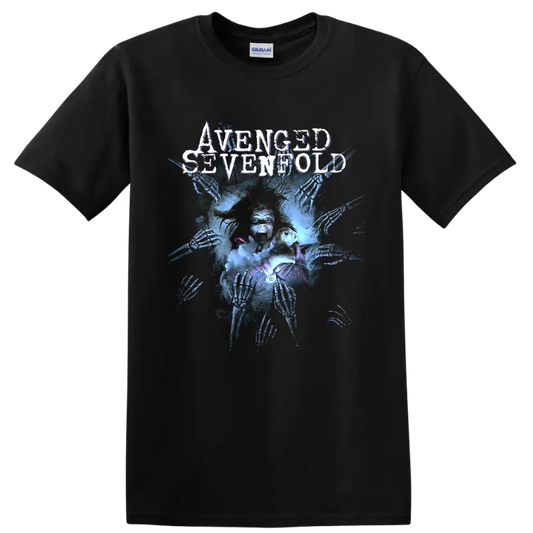 Avenged Sevenfold distressed logo over a haunted figure and reaching skeletal hands on a Black T Shirt
