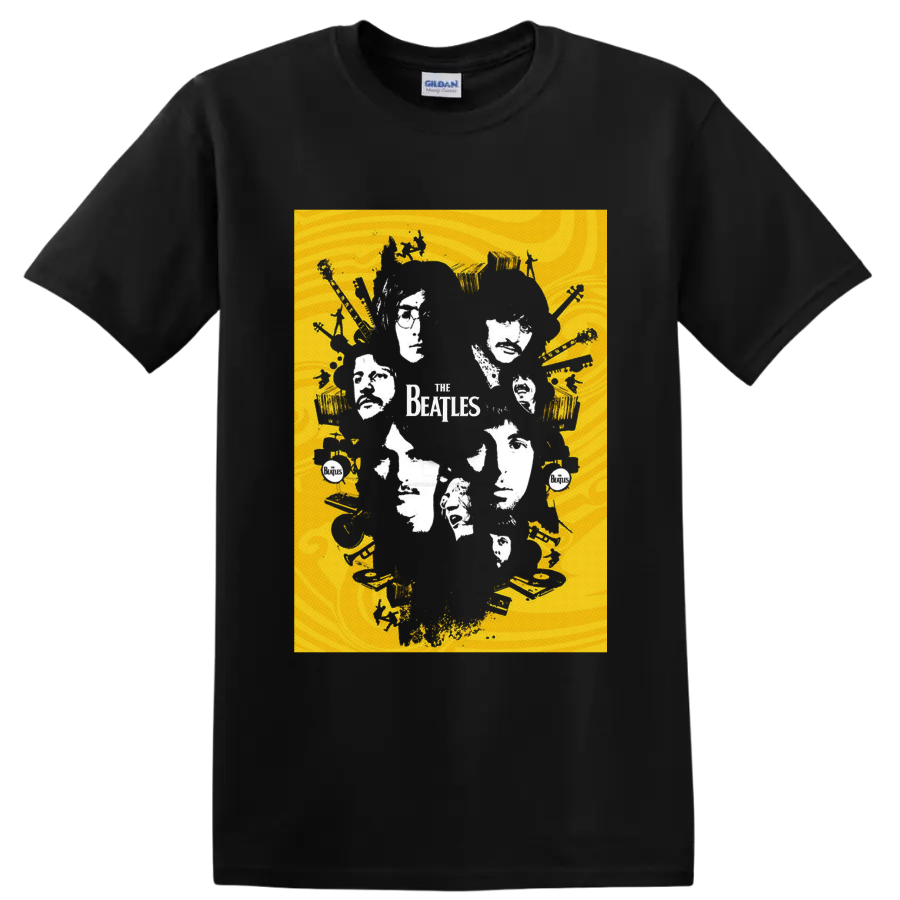 The Beatles four-member portrait collage with guitars, drums, records, and band logo on a Black T Shirt