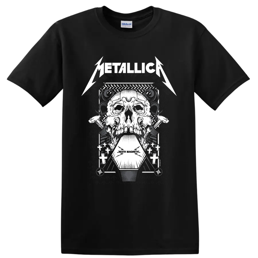 Metallica Death Magnetic skull and coffin industrial heavy metal graphic on a Black T Shirt