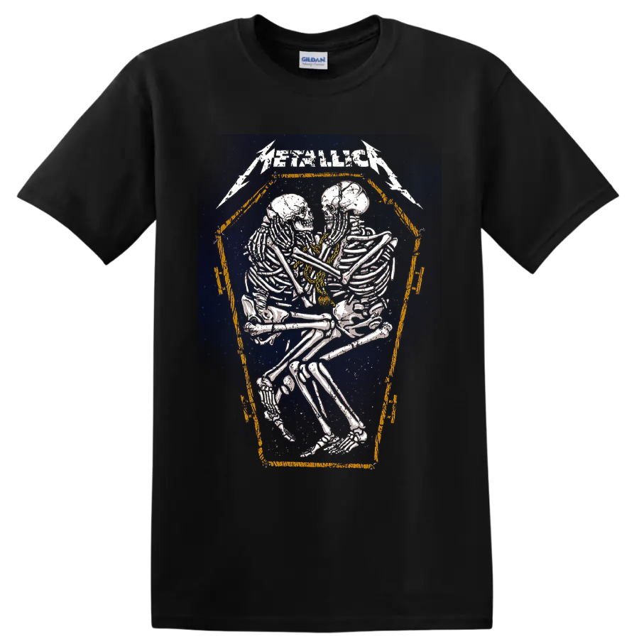 Metallica logo above distressed embracing skeletons in a coffin-shaped frame on a Black T Shirt