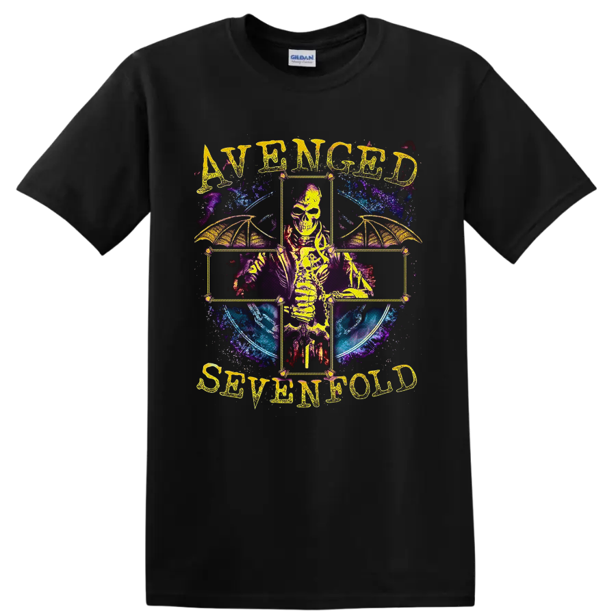 Avenged Sevenfold skeleton with bat wings in a cosmic gothic cross design on a Black T Shirt