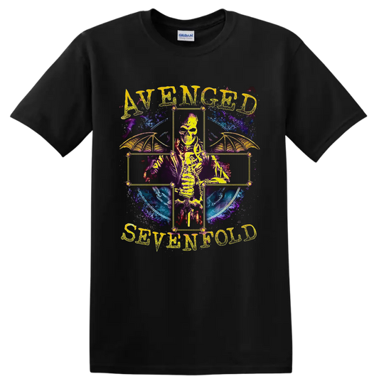 Avenged Sevenfold skeleton with bat wings in a cosmic gothic cross design on a Black T Shirt