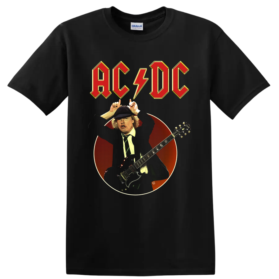 Angus Young AC/DC guitar portrait with lightning bolt logo and vintage red circle on a Black T Shirt