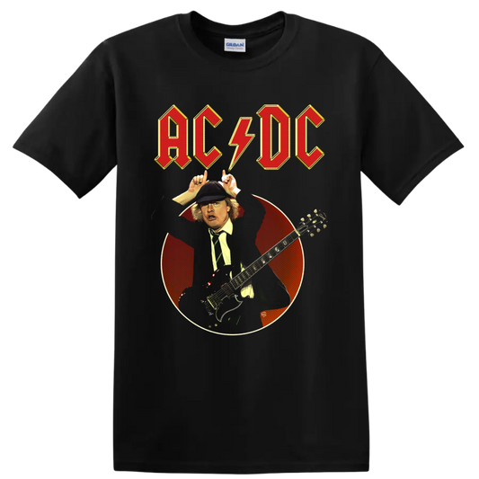 Angus Young AC/DC guitar portrait with lightning bolt logo and vintage red circle on a Black T Shirt