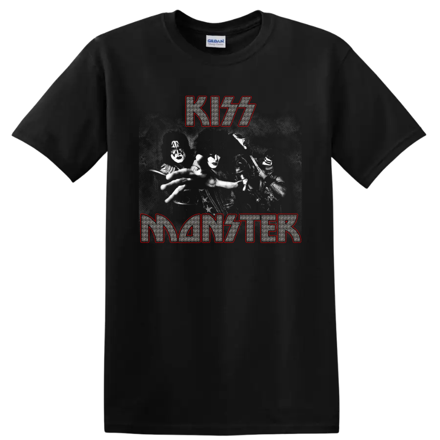 KISS Monster graphic with face-painted band image and distressed metallic lettering on a Black T Shirt