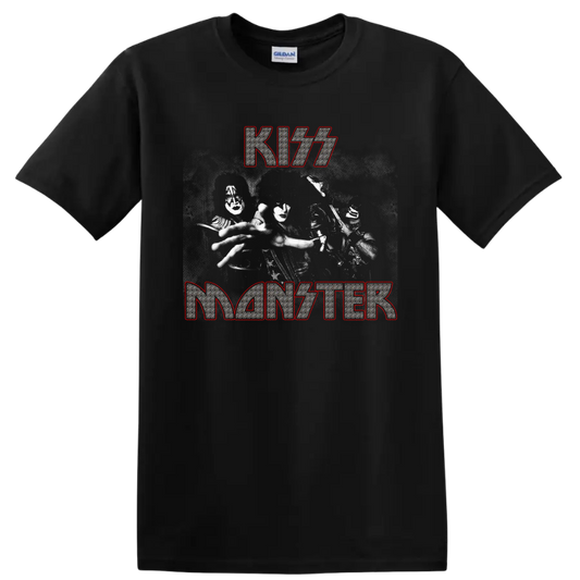 KISS Monster graphic with face-painted band image and distressed metallic lettering on a Black T Shirt