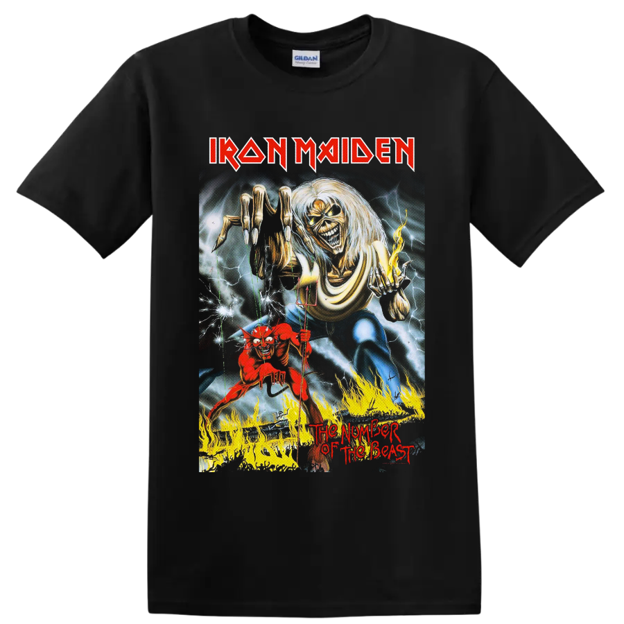 Painted Iron Maiden Eddie the Head with devil puppet, lightning, and flames on a Black T Shirt