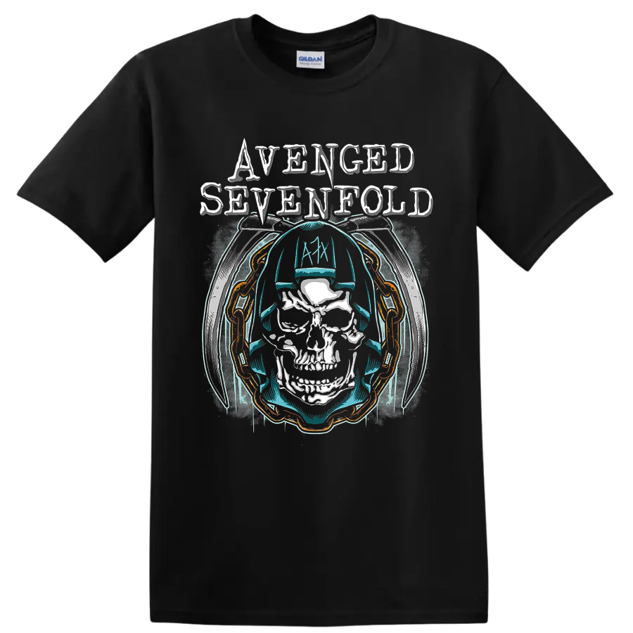 Avenged Sevenfold Holy Reaper skull wearing headphones with distressed band lettering on a Black T Shirt