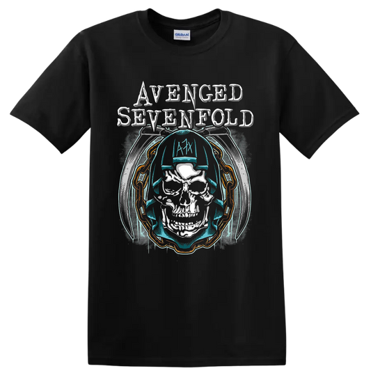 Avenged Sevenfold Holy Reaper skull wearing headphones with distressed band lettering on a Black T Shirt
