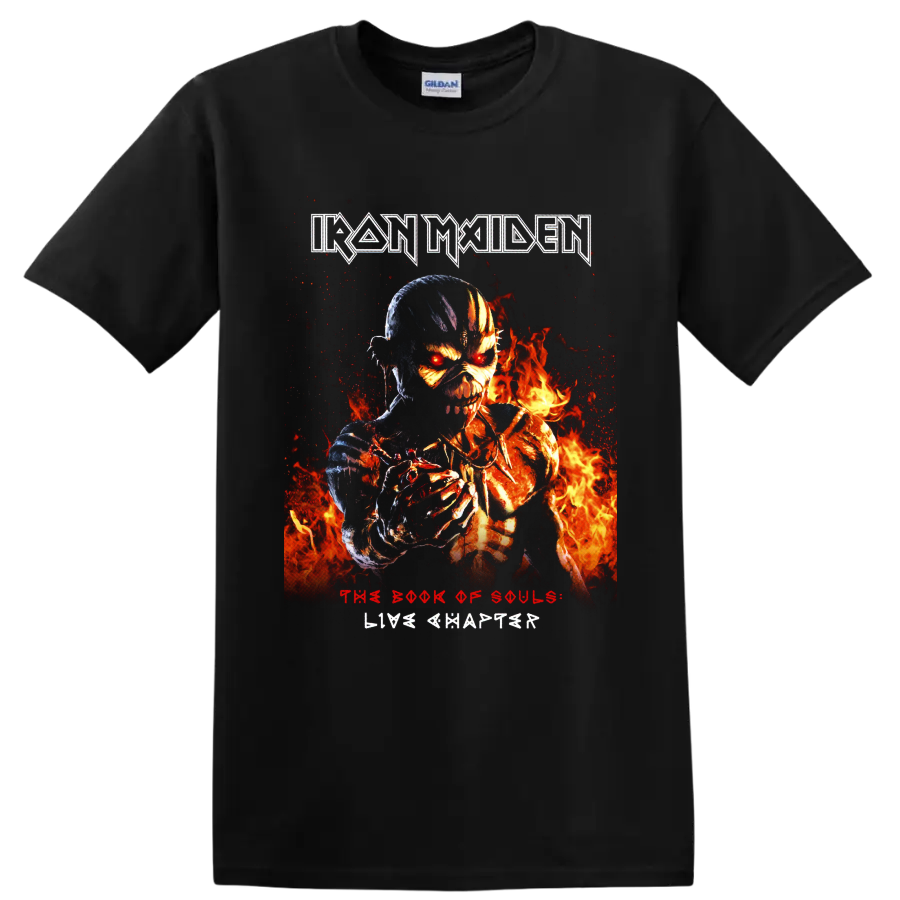 Iron Maiden Eddie in fiery skeletal artwork with The Book of Souls Live Chapter text on a Black T Shirt