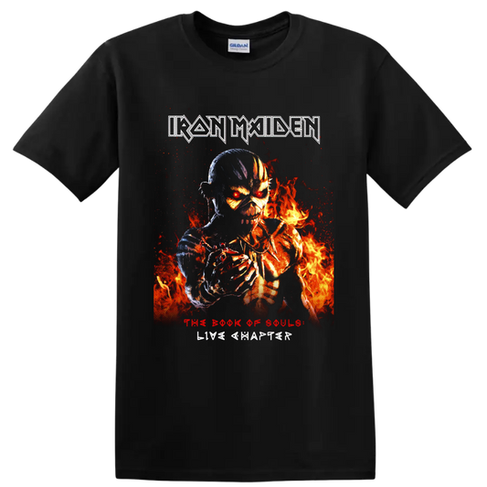 Iron Maiden Eddie in fiery skeletal artwork with The Book of Souls Live Chapter text on a Black T Shirt