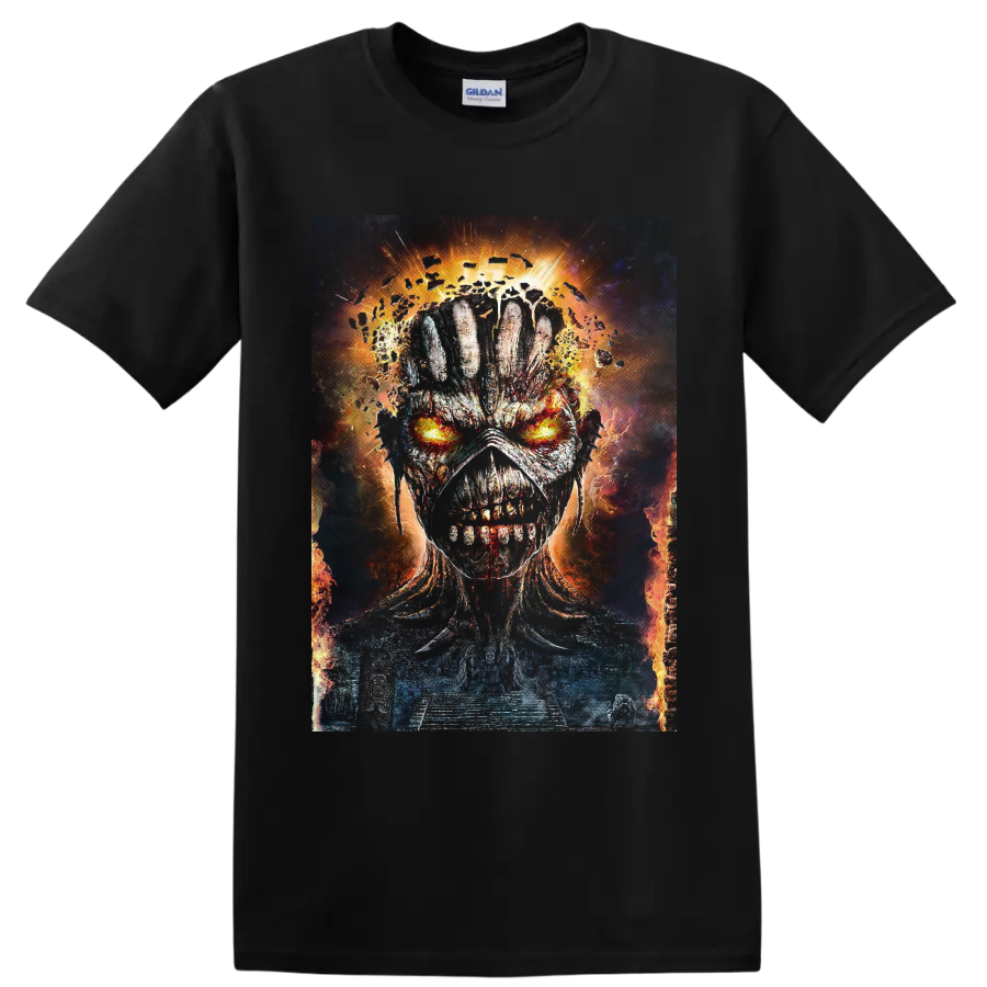 Eddie the Head fiery skull portrait with glowing eyes and cosmic embers on a Black T Shirt