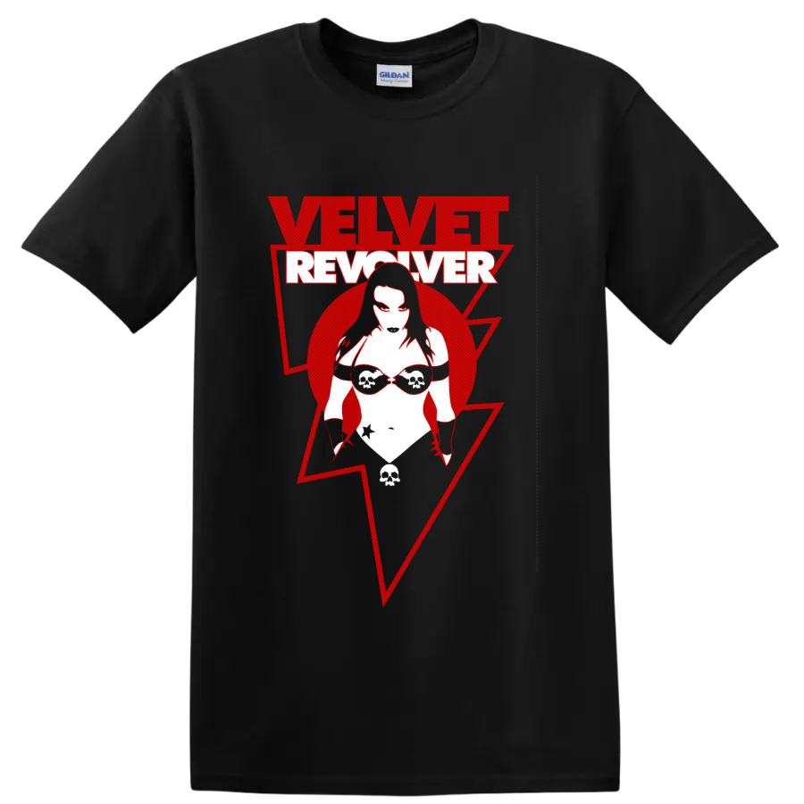 Velvet Revolver red and white distressed logo with stylized skull sunglasses figure on a Black T Shirt