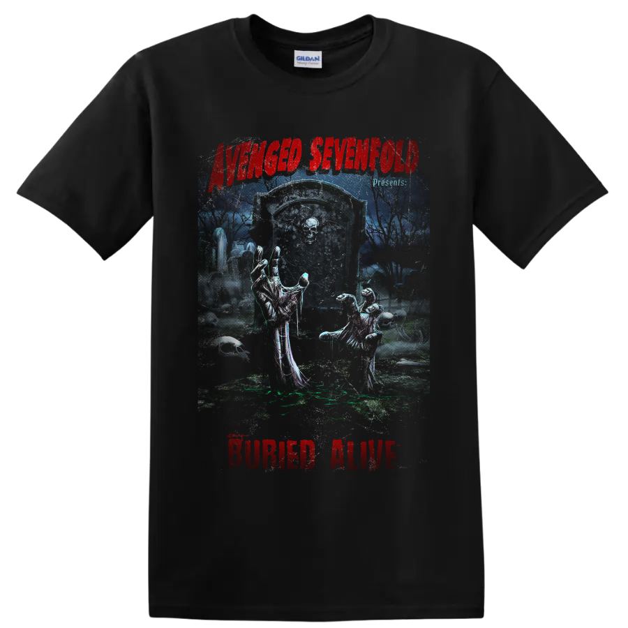 Avenged Sevenfold Buried Alive gothic graveyard art with skeletal hands and tombstone on a Black T Shirt