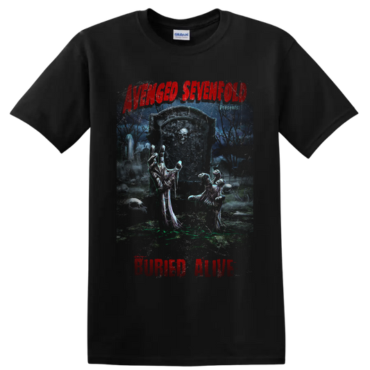 Avenged Sevenfold Buried Alive gothic graveyard art with skeletal hands and tombstone on a Black T Shirt