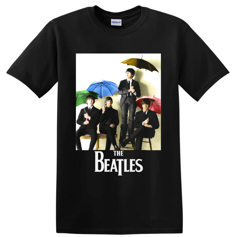 The Beatles vintage-style band portrait with colorful umbrellas and The Beatles logo on a Black T Shirt