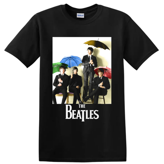 The Beatles vintage-style band portrait with colorful umbrellas and The Beatles logo on a Black T Shirt
