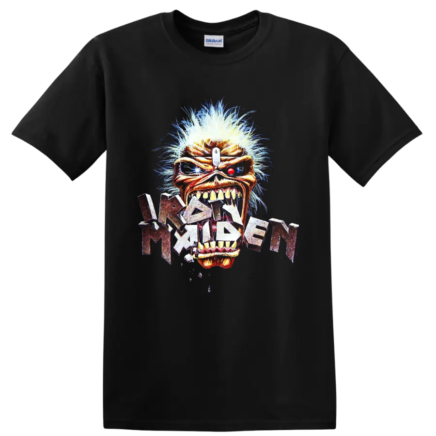 Iron Maiden Eddie the Head cybernetic-style heavy metal graphic with distressed band on a Black T Shirt