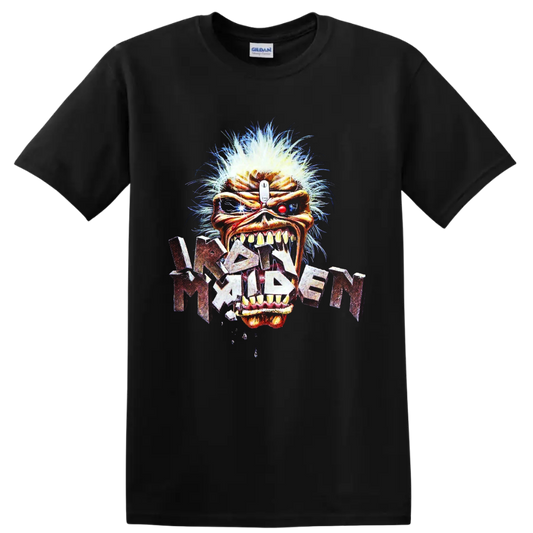 Iron Maiden Eddie the Head cybernetic-style heavy metal graphic with distressed band on a Black T Shirt