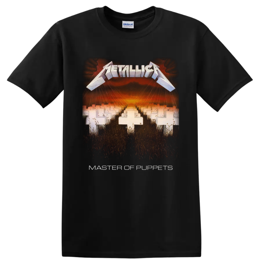 Metallica Master of Puppets cemetery album art with white crosses and fiery sky on a Black T Shirt