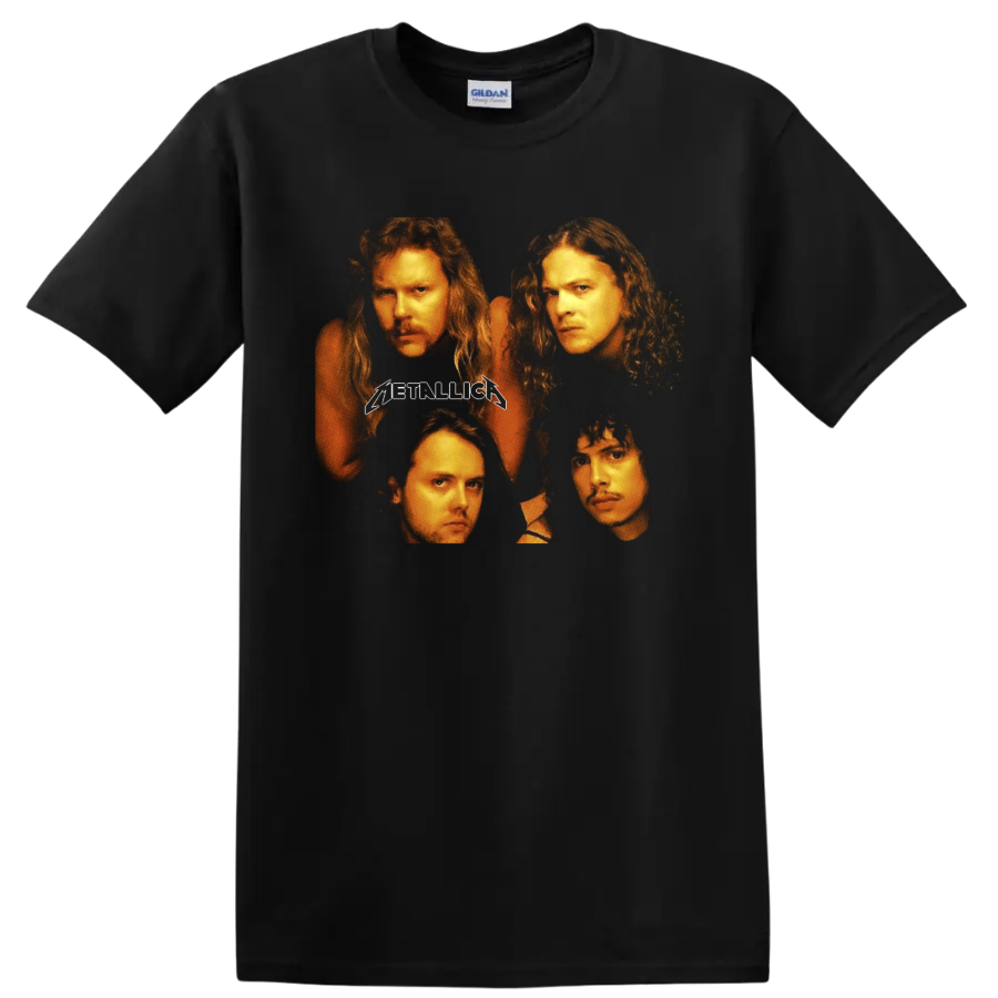 Metallica four-member portrait graphic with classic Metallica logo on a Black T Shirt