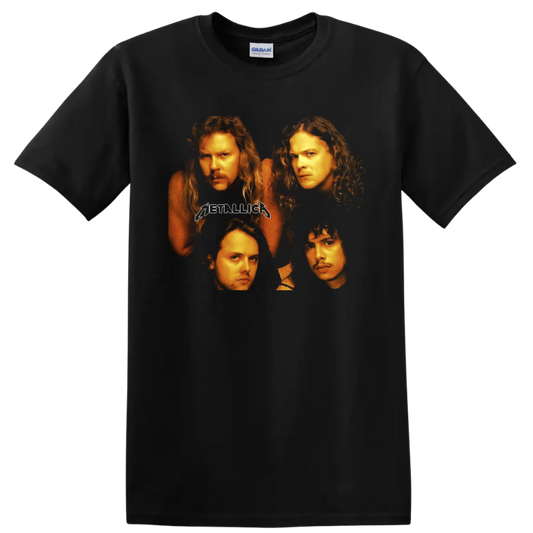Metallica four-member portrait graphic with classic Metallica logo on a Black T Shirt