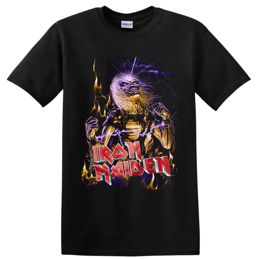 Iron Maiden Eddie skeleton with purple lightning, flames, chains, and red band logo on a Black T Shirt