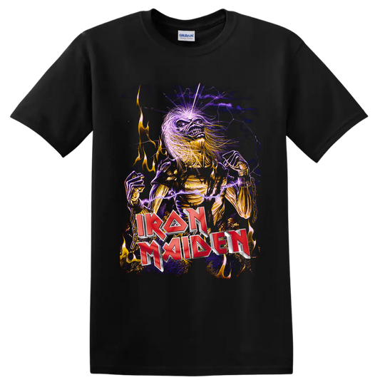 Iron Maiden Eddie skeleton with purple lightning, flames, chains, and red band logo on a Black T Shirt