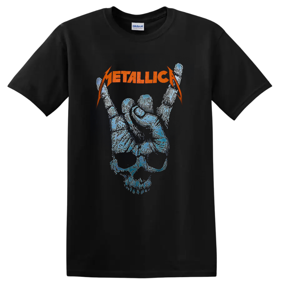 Metallica orange logo above a distressed blue skull with raised skeletal rock hand on a Black T Shirt