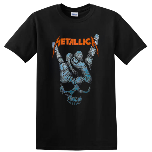 Metallica orange logo above a distressed blue skull with raised skeletal rock hand on a Black T Shirt