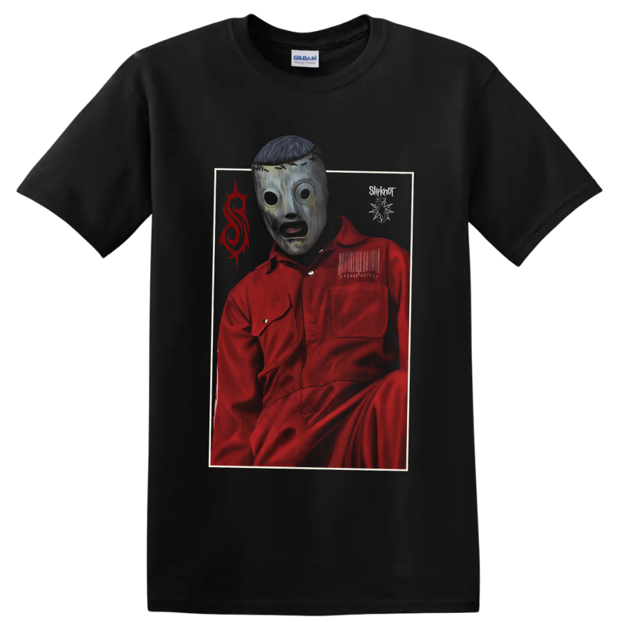 Corey Taylor Slipknot mask portrait in a red jumpsuit with distressed metal artwork on a Black T Shirt