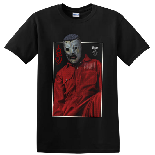 Corey Taylor Slipknot mask portrait in a red jumpsuit with distressed metal artwork on a Black T Shirt