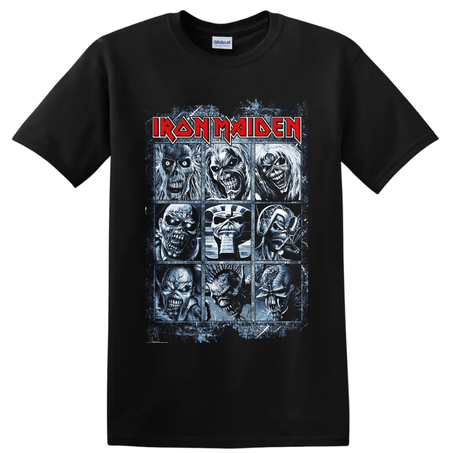 Iron Maiden Eddie the Head nine-portrait distressed heavy metal graphic on a Black T Shirt