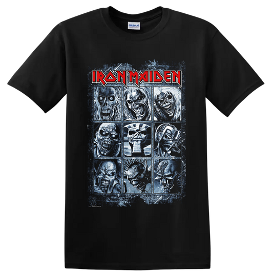 Iron Maiden Eddie the Head nine-portrait distressed heavy metal graphic on a Black T Shirt