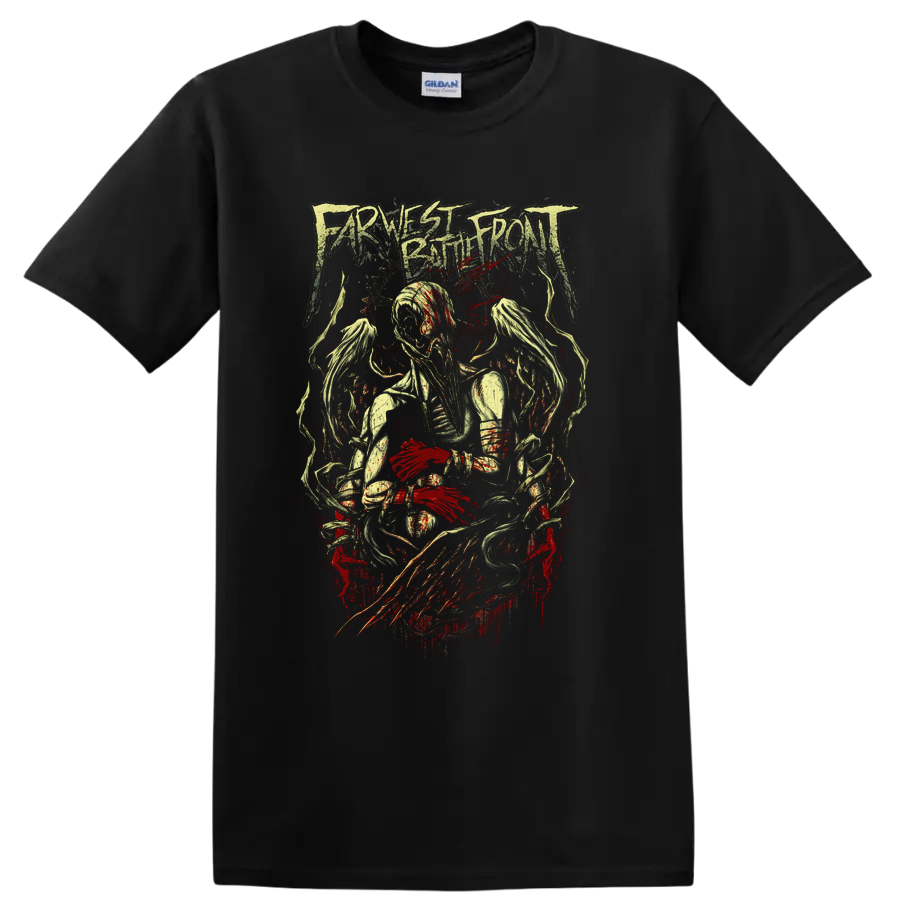 Farthest Battlefront distressed metal logo above spectral figures and red splatter on a Black T Shirt