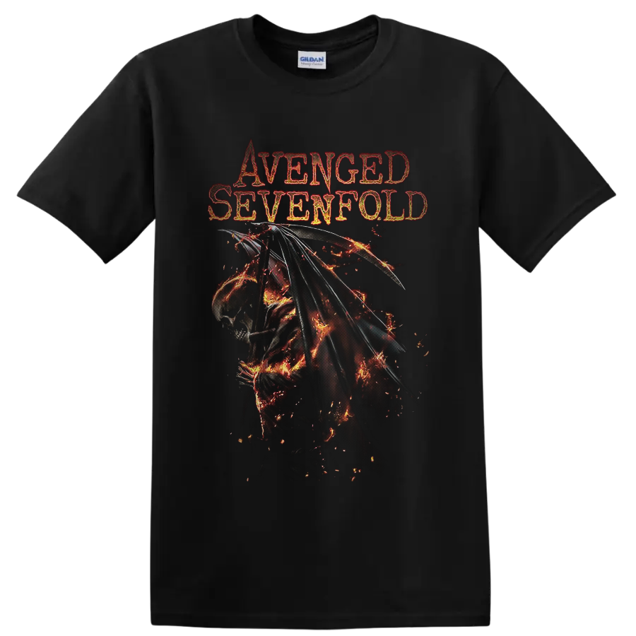 Avenged Sevenfold Deathbat with flaming wings and distressed gothic band lettering on a Black T Shirt