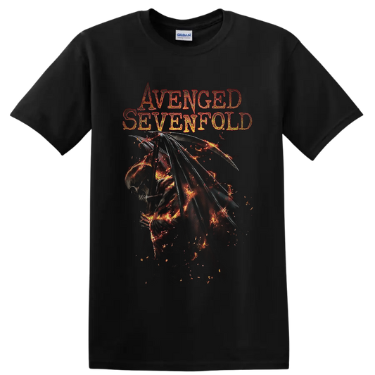 Avenged Sevenfold Deathbat with flaming wings and distressed gothic band lettering on a Black T Shirt
