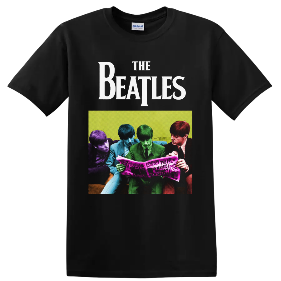 The Beatles colorized group photo reading a newspaper in retro pop-art style on a Black T Shirt